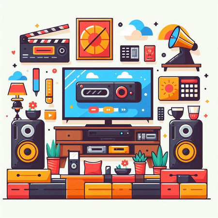 Flat vector illustration of home interior with modern technology and entertainment.のイラスト素材