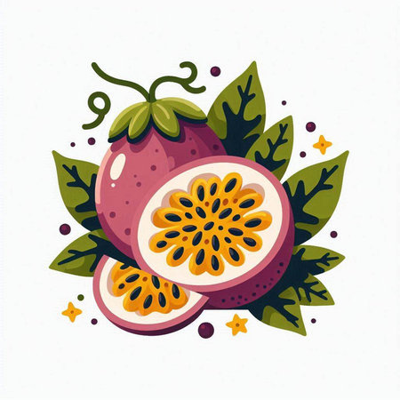 Passion fruit with leaves. Hand drawn vector illustration isolated on white background.のイラスト素材