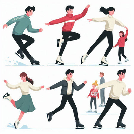 Set of people ice skating. Vector illustration in flat cartoon style.のイラスト素材