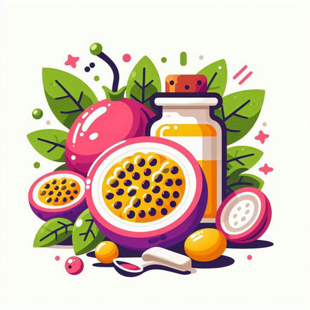 Passion fruit and essential oil. Vector illustration in flat style.のイラスト素材