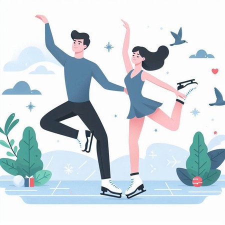 Couple ice skating. Vector illustration in flat cartoon style on white background.のイラスト素材