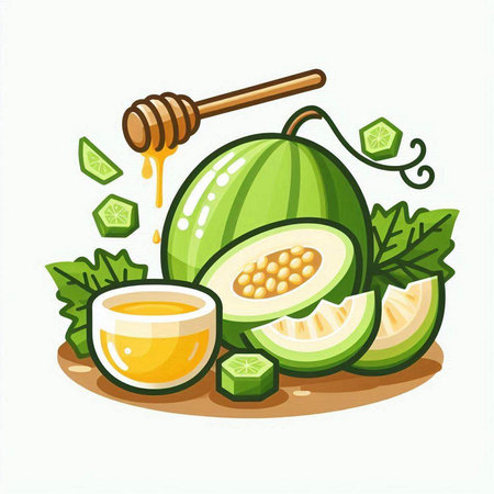 Melon, honey and mint on white background. Vector illustration.のイラスト素材