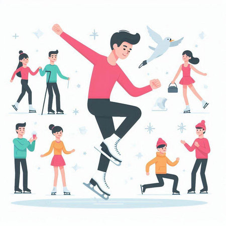 People skating on ice rink. Winter sport activity. Flat style vector illustration.のイラスト素材