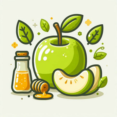 Green apple, honey and leaves. Vector illustration in cartoon style.のイラスト素材