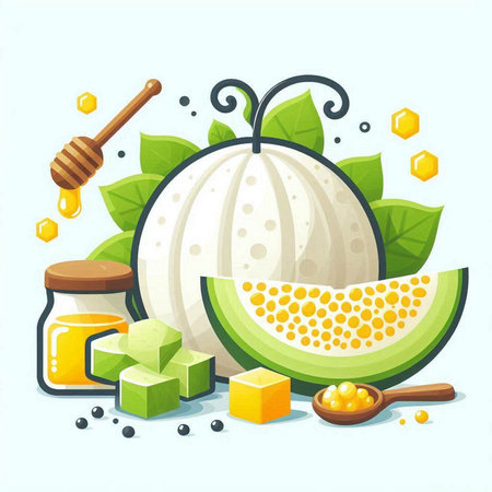 Melon, honey, honeycombs. Vector illustration in flat styleのイラスト素材