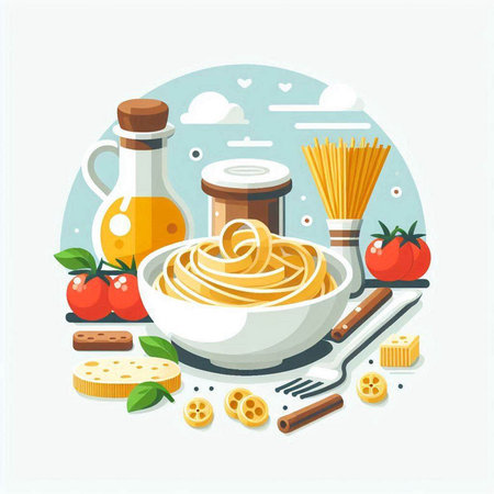 Spaghetti pasta in bowl with ingredients for cooking. Vector illustration.のイラスト素材