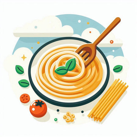 Spaghetti with tomato and basil in a bowl. Vector illustration.のイラスト素材