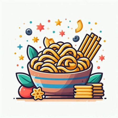 Noodles in bowl with star and confetti, vector illustrationのイラスト素材