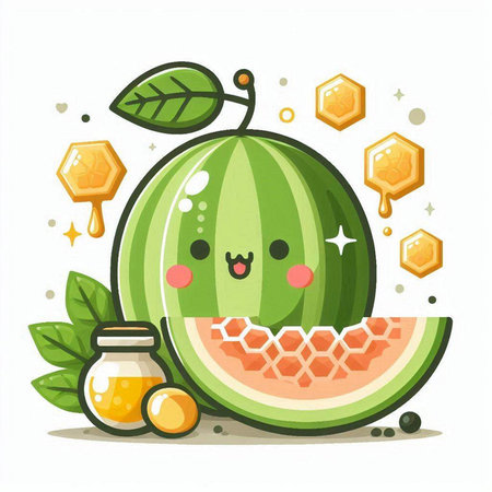 Cute watermelon character with honey and honeycomb. Vector illustrationのイラスト素材