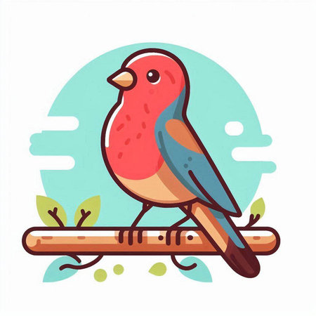 Vector illustration of a cute red bird on a branch. Flat style.のイラスト素材
