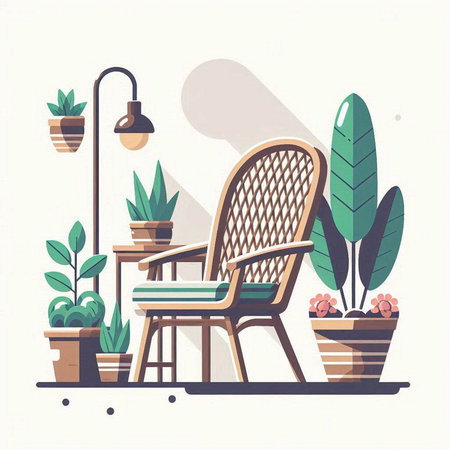 Vector illustration of an armchair in a cozy room with plants.のイラスト素材