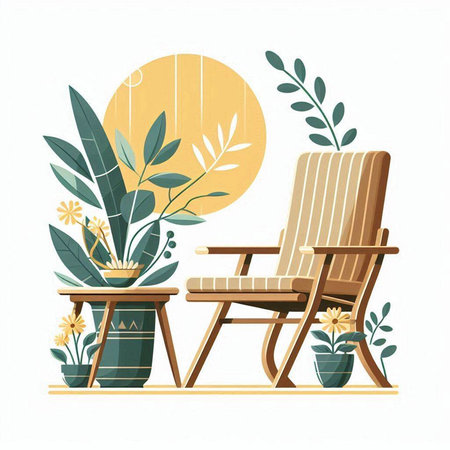 Wooden deck chair in the garden. Vector illustration in flat styleのイラスト素材