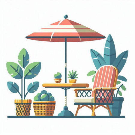 Vector illustration of summer terrace with table and chairs. Flat style design.のイラスト素材