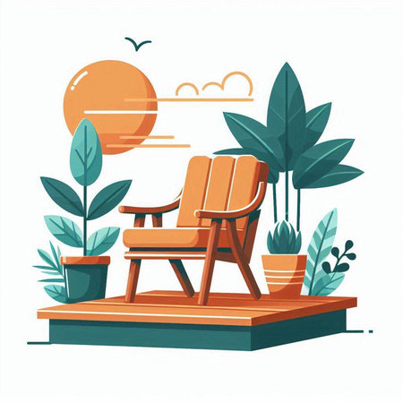 Wooden deck chair on the terrace. Vector illustration in flat styleのイラスト素材