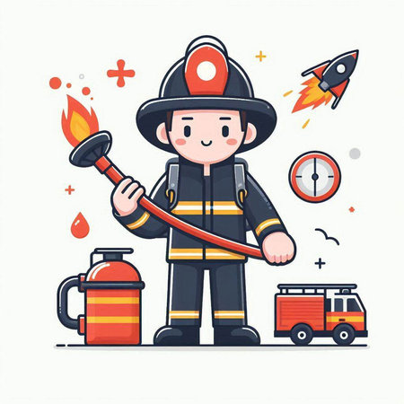 Cartoon firefighter with fire extinguisher and fire truck. Vector illustrationのイラスト素材