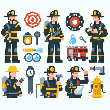 Fireman profession icons set. Flat illustration of firefighter profession vector icons for web designのイラスト素材