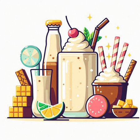 Milkshakes with ice cream and fruits. Vector illustration in cartoon style.のイラスト素材
