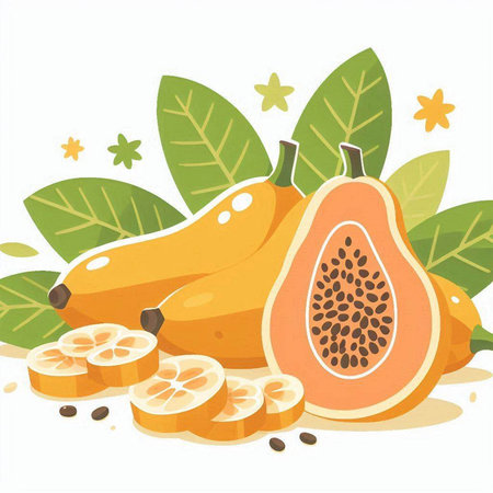 Papaya fruit on the background of leaves. Vector illustration.のイラスト素材