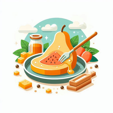 Piece of pear and honey on a plate. Vector illustration.のイラスト素材