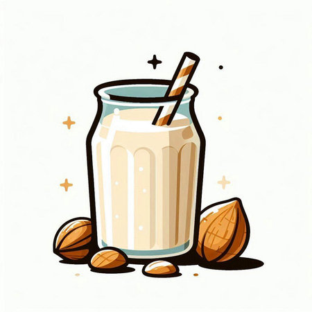 Illustration of a glass of milk with nuts on a white backgroundのイラスト素材