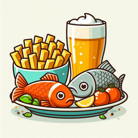 Illustration of fish, chips and beer on a white background.のイラスト素材