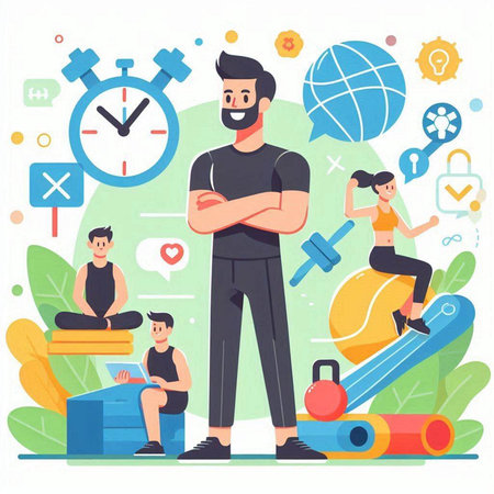 Healthy lifestyle concept. Vector illustration in flat cartoon style. Fitness and healthy lifestyle.のイラスト素材