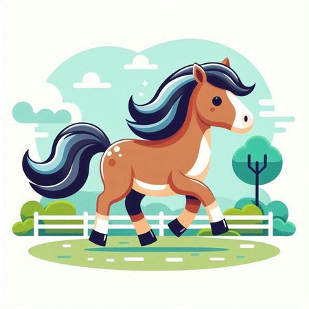 Horse running in the field. Vector illustration in flat style.のイラスト素材