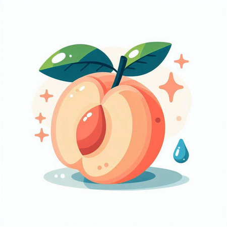 Peach fruit with leaf and water drops. Vector illustration in cartoon style.のイラスト素材