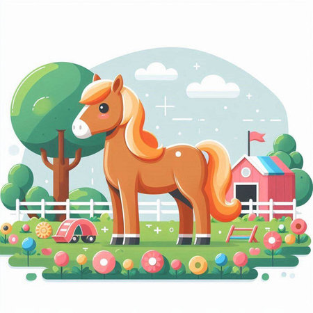 Vector illustration of a cute cartoon horse on a farm. Flat style.のイラスト素材