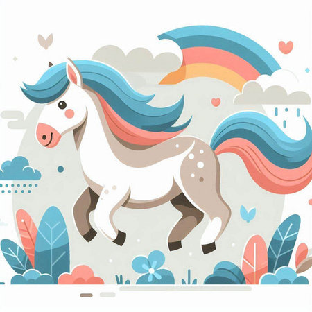 Cute cartoon horse with rainbow and clouds in flat style. Vector illustration.のイラスト素材
