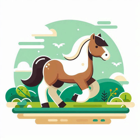 Horse running in the field. Vector illustration in flat style.のイラスト素材