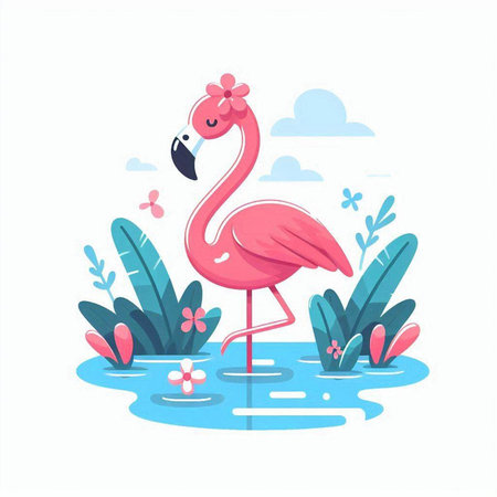 Pink flamingo in the water. Vector illustration in flat style.のイラスト素材