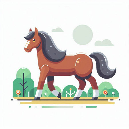Horse running in the park. Vector illustration in flat style.のイラスト素材