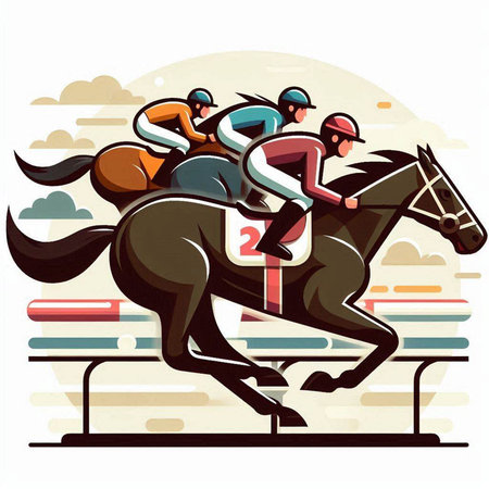 Horse racing, jockeys on racecourse vector illustration.のイラスト素材