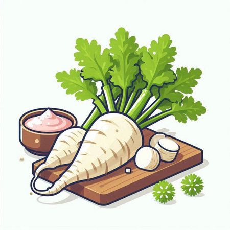 Radish with parsley on a cutting board. Vector illustration.のイラスト素材
