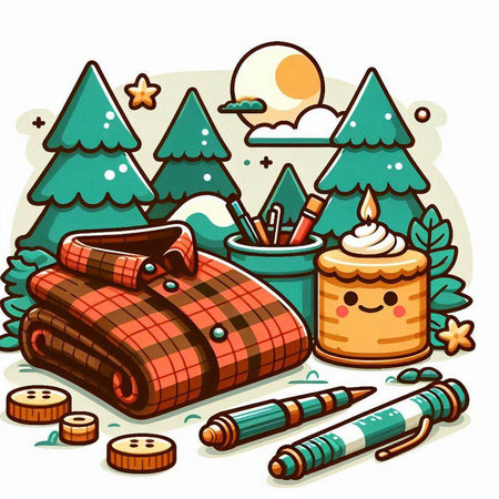 Vector illustration of a Christmas set with a snowman, a fireplace, a christmas tree, a candle, a hat, a plaid, a cup of hot chocolate.のイラスト素材