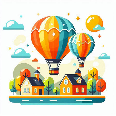 Colorful hot air balloons flying over the village. Flat vector illustration.のイラスト素材