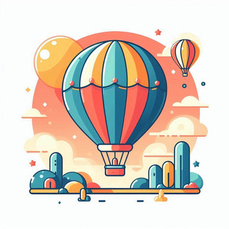 Hot air balloon in the sky. Vector illustration in flat style.のイラスト素材