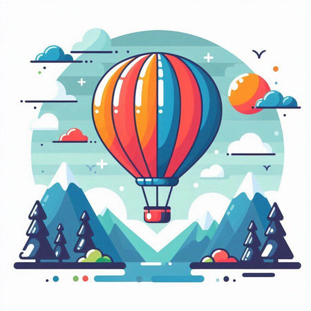 Colorful hot air balloon flying in the sky, vector illustration.のイラスト素材