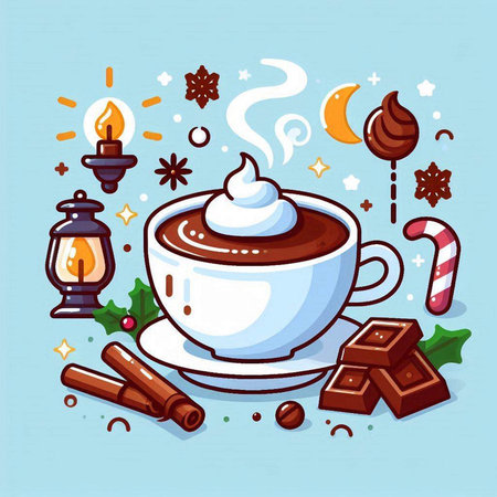 Cup of hot chocolate with marshmallow, candy cane, lollipop, cinnamon, star anise and christmas decoration. Vector illustration.のイラスト素材