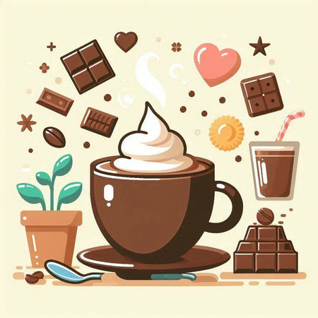 Coffee cup with chocolate and sweets. Vector illustration in flat style.のイラスト素材
