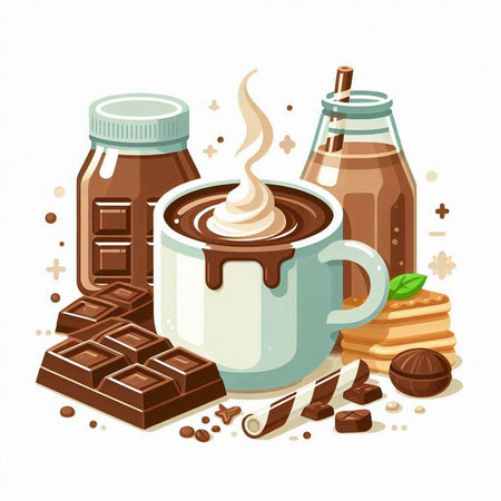 Cup of hot chocolate with ice cream, chocolate bars and cookies. Vector illustration.のイラスト素材