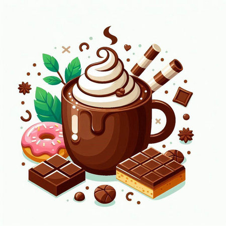 Cup of hot chocolate with whipped cream and chocolate bars. Vector illustration.のイラスト素材