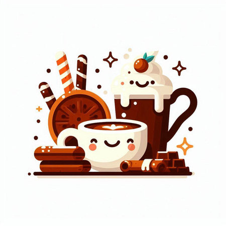 Cute vector illustration of coffee and sweets. Cute cartoon characters.のイラスト素材
