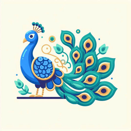 Peacock vector illustration. Colorful peacock with leaves.のイラスト素材