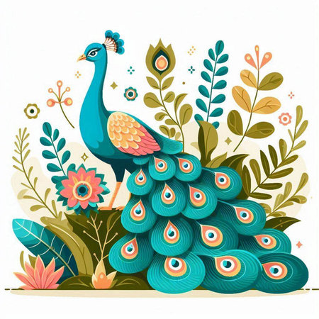 Peacock with flowers and leaves. Vector illustration in cartoon style.のイラスト素材