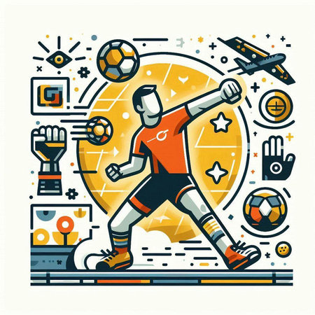 Soccer player with ball and equipment. Vector illustration in linear styleのイラスト素材