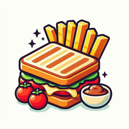 Illustration of a sandwich with french fries on a white background.のイラスト素材