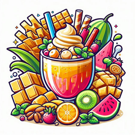 Fruit smoothie with ice cream and fruits. Vector illustration.のイラスト素材