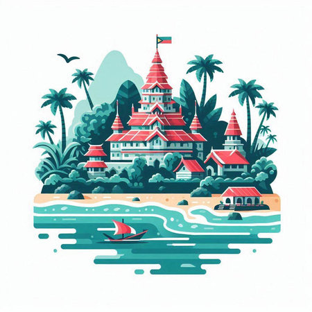 Buddhist temple on the island in the sea. Vector illustration.のイラスト素材